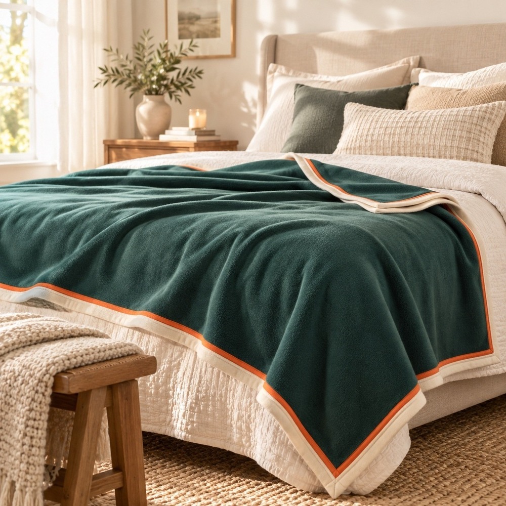 Room Essentials Twin XL Dark Green Sweatshirt Fleece Bed Blanket Sporty Trim